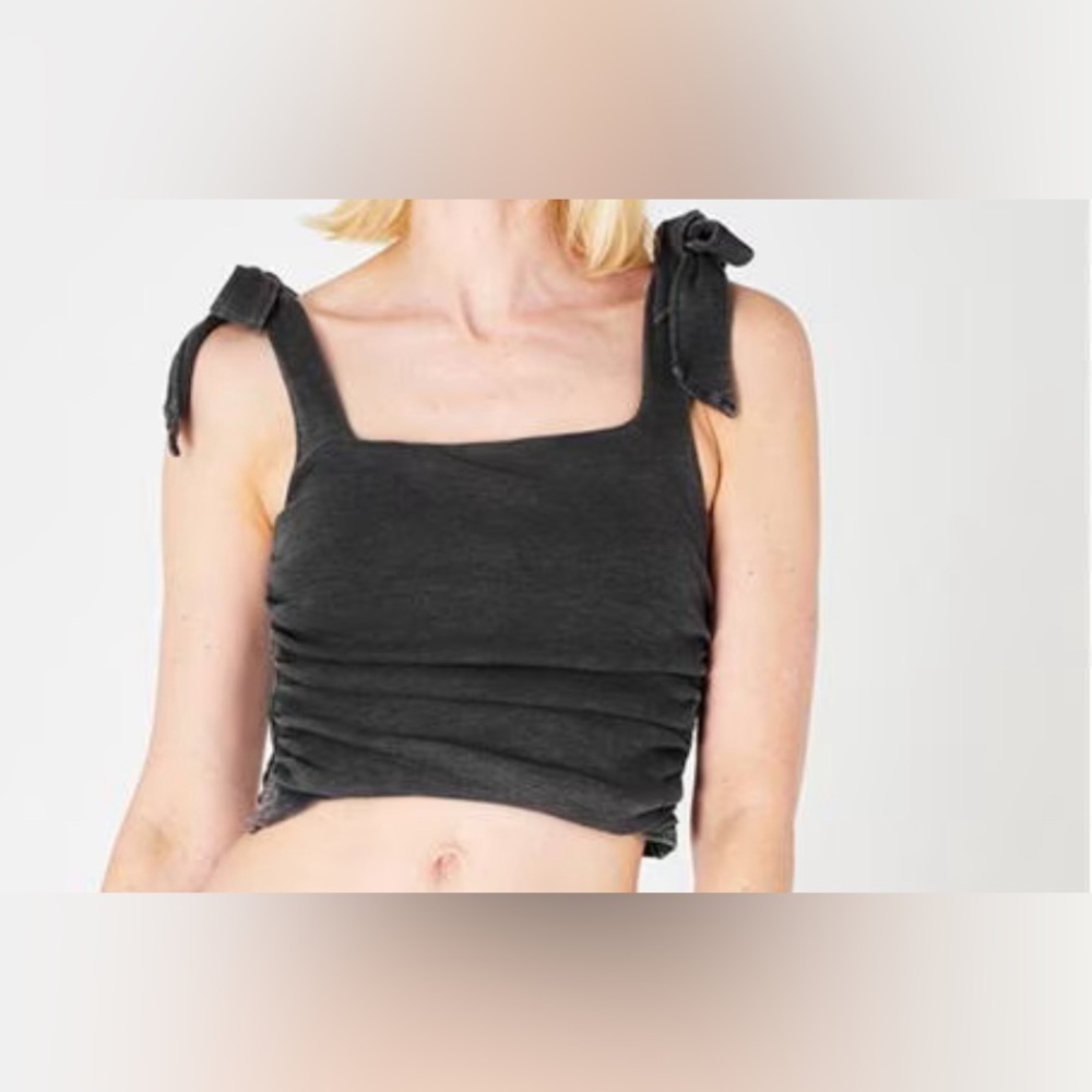 Free People‎ Boulevard Tank Top Ribbed Crop Shoulder Tie Gray black Sz M - Picture 3 of 8